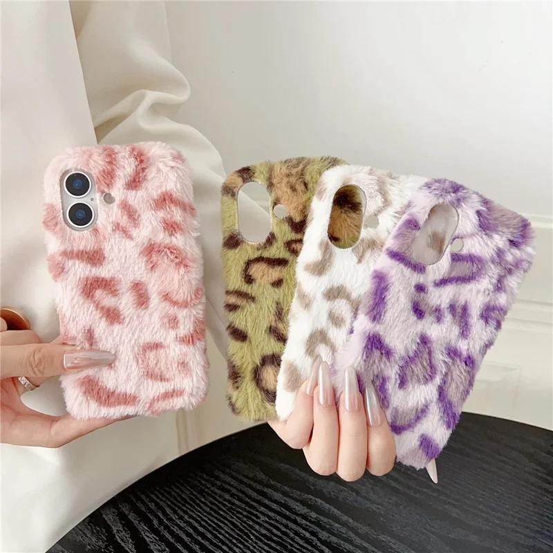 For iPhone 17 Case Leopard Pattern Fluffy Plush TPU Phone Cover - Purple