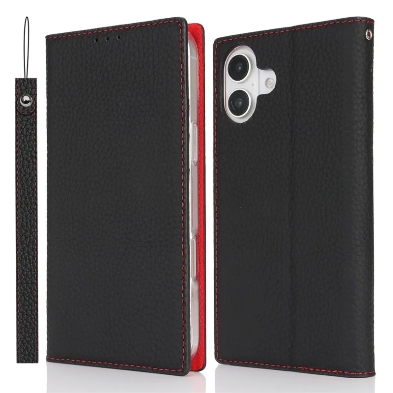 For iPhone 17 Wallet Case Genuine Cow Leather Phone Cover Litchi Texture - Black