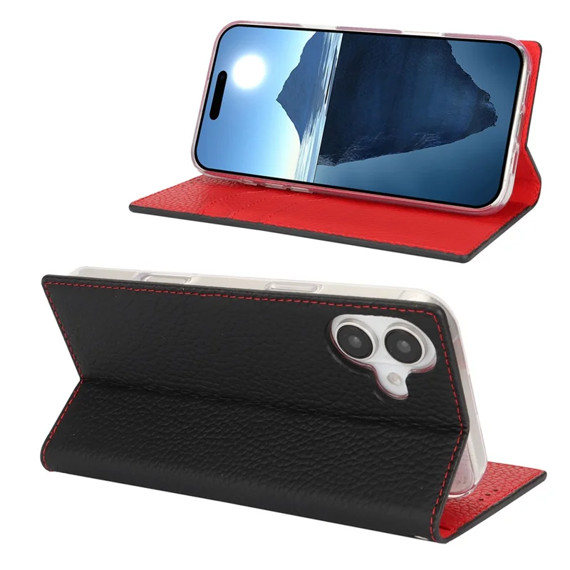 For iPhone 17 Wallet Case Genuine Cow Leather Phone Cover Litchi Texture - Black