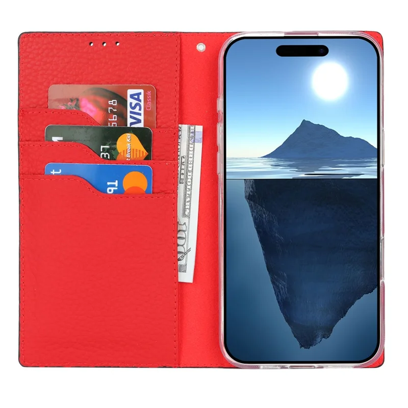 For iPhone 17 Wallet Case Genuine Cow Leather Phone Cover Litchi Texture - Black