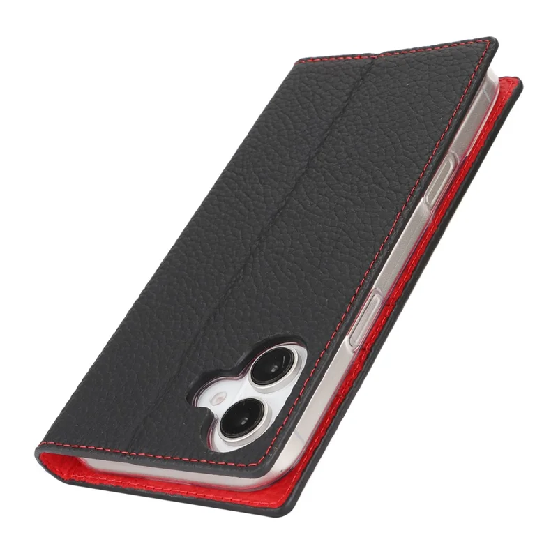 For iPhone 17 Wallet Case Genuine Cow Leather Phone Cover Litchi Texture - Black