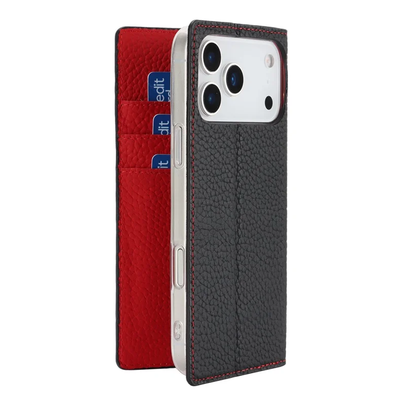 För iPhone 17 Pro Max plånboksfodral i äkta nötlimmatat läder med litchi-struktur - Svart