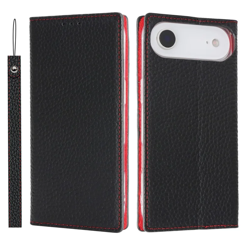 Til iPhone Air Wallet Case, ægte kudefraktdæksel med loddentekstur - Sort