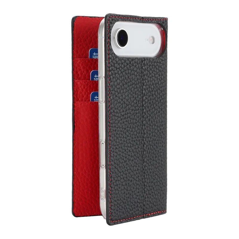Til iPhone Air Wallet Case, ægte kudefraktdæksel med loddentekstur - Sort