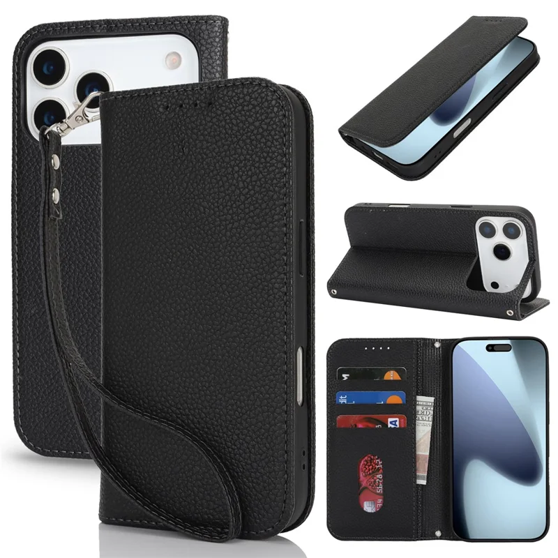 For iPhone 17 Pro Max Case Stand Wallet Litchi Texture Leather Flip Phone Cover with Strap - Black