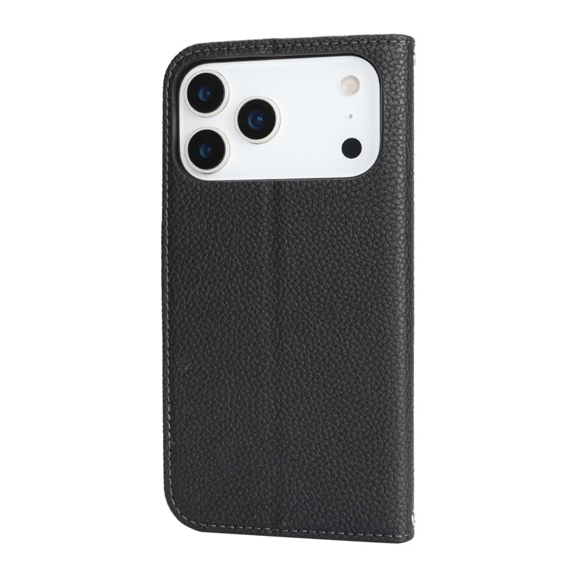 For iPhone 17 Pro Max Case Stand Wallet Litchi Texture Leather Flip Phone Cover with Strap - Black