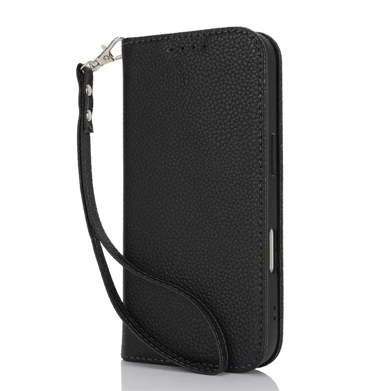 For iPhone 17 Pro Max Case Stand Wallet Litchi Texture Leather Flip Phone Cover with Strap - Black