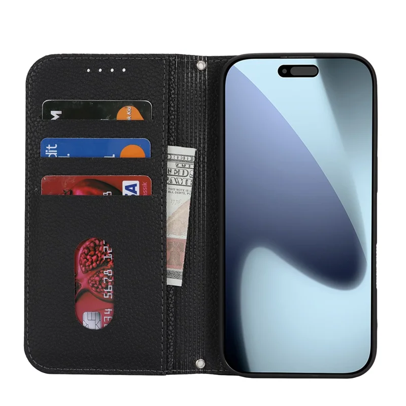 For iPhone 17 Pro Max Case Stand Wallet Litchi Texture Leather Flip Phone Cover with Strap - Black