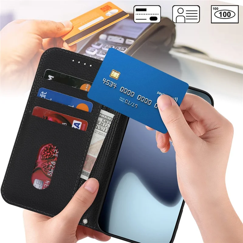 For iPhone 17 Pro Max Case Stand Wallet Litchi Texture Leather Flip Phone Cover with Strap - Black