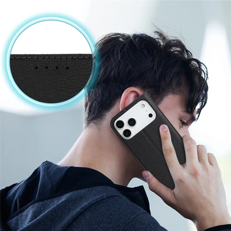 For iPhone 17 Pro Max Case Stand Wallet Litchi Texture Leather Flip Phone Cover with Strap - Black