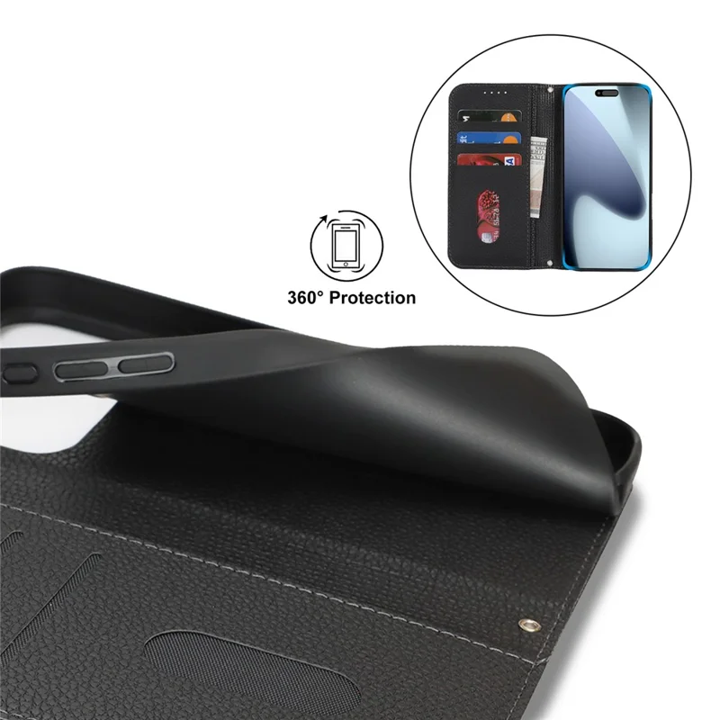 For iPhone 17 Pro Max Case Stand Wallet Litchi Texture Leather Flip Phone Cover with Strap - Black