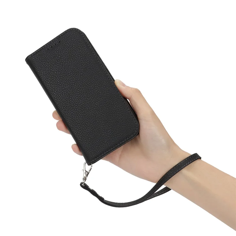For iPhone 17 Pro Max Case Stand Wallet Litchi Texture Leather Flip Phone Cover with Strap - Black