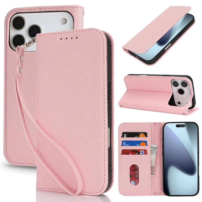 For iPhone 17 Pro Max Case Stand Wallet Litchi Texture Leather Flip Phone Cover with Strap - Pink