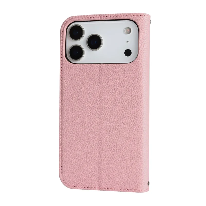 For iPhone 17 Pro Max Case Stand Wallet Litchi Texture Leather Flip Phone Cover with Strap - Pink