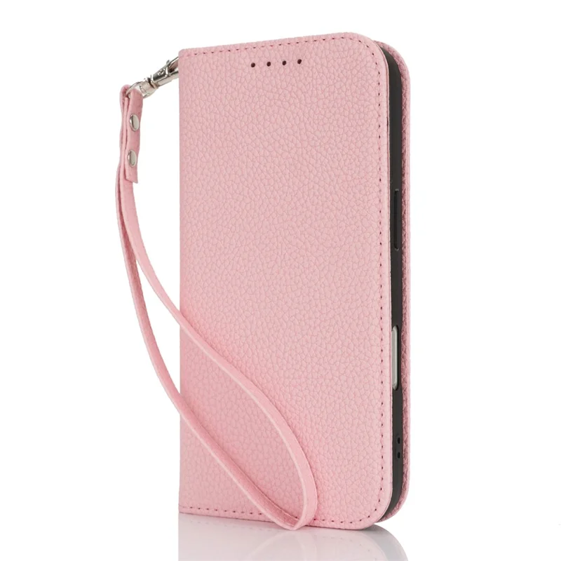 For iPhone 17 Pro Max Case Stand Wallet Litchi Texture Leather Flip Phone Cover with Strap - Pink