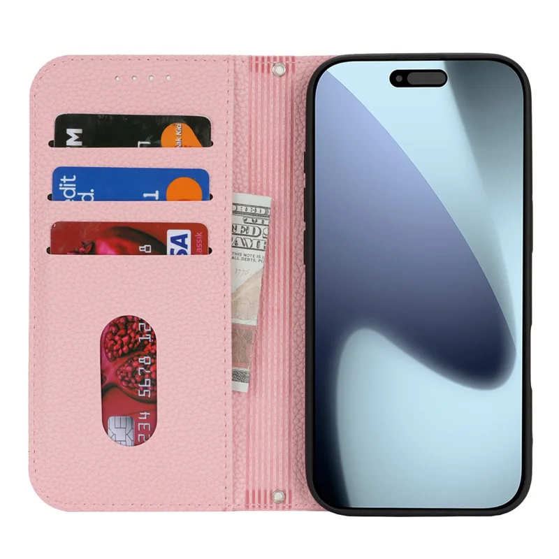 For iPhone 17 Pro Max Case Stand Wallet Litchi Texture Leather Flip Phone Cover with Strap - Pink