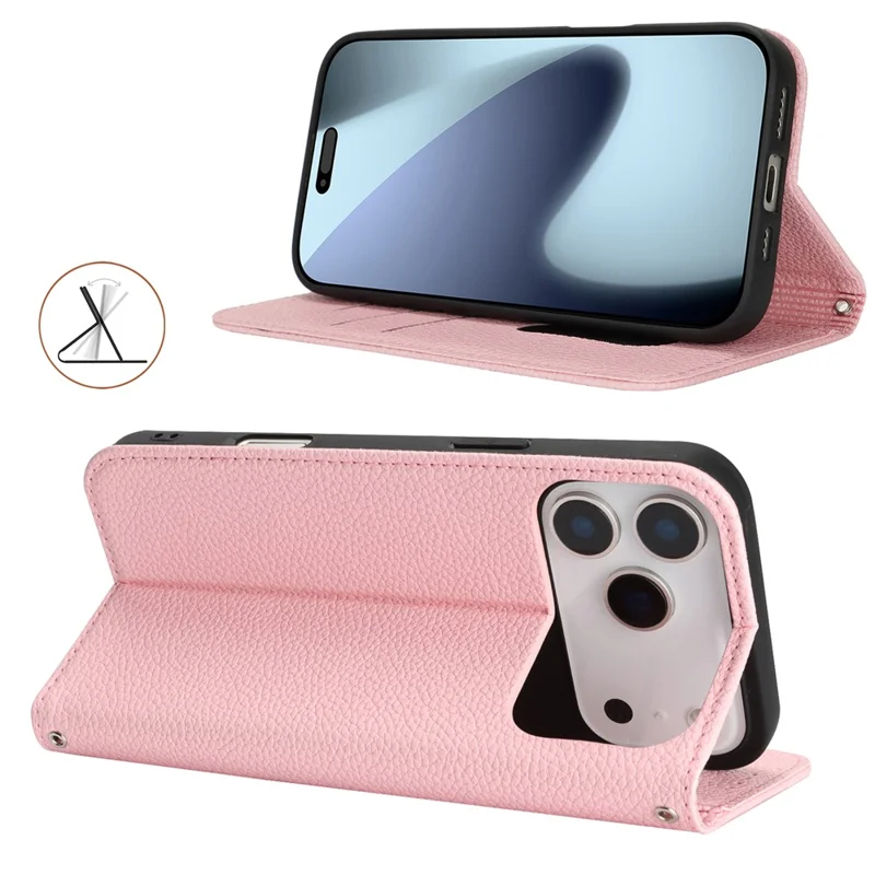 For iPhone 17 Pro Max Case Stand Wallet Litchi Texture Leather Flip Phone Cover with Strap - Pink