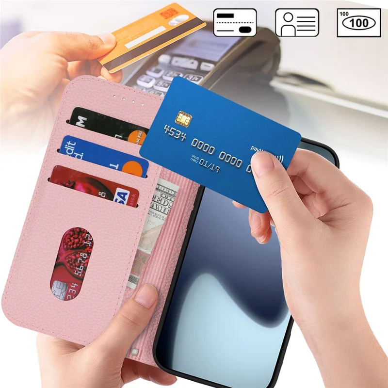 For iPhone 17 Pro Max Case Stand Wallet Litchi Texture Leather Flip Phone Cover with Strap - Pink