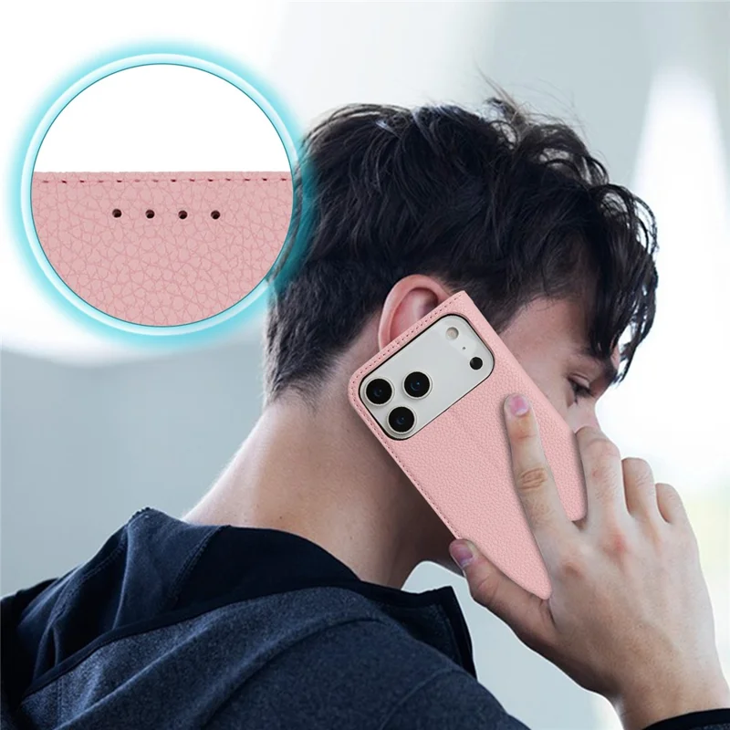 For iPhone 17 Pro Max Case Stand Wallet Litchi Texture Leather Flip Phone Cover with Strap - Pink