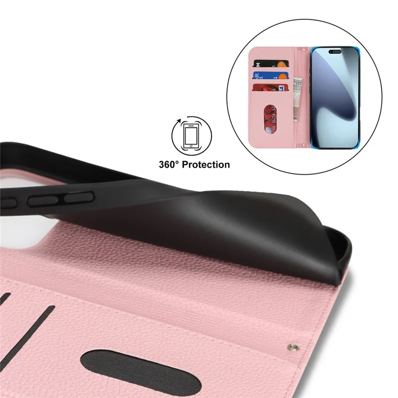 For iPhone 17 Pro Max Case Stand Wallet Litchi Texture Leather Flip Phone Cover with Strap - Pink