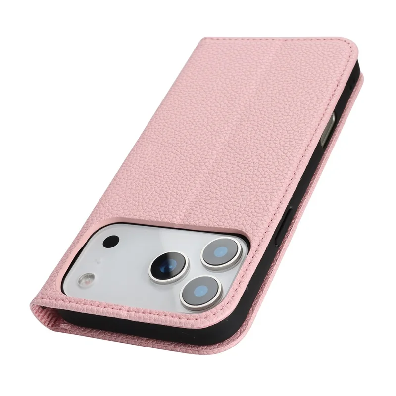 For iPhone 17 Pro Max Case Stand Wallet Litchi Texture Leather Flip Phone Cover with Strap - Pink