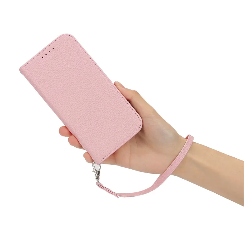 For iPhone 17 Pro Max Case Stand Wallet Litchi Texture Leather Flip Phone Cover with Strap - Pink