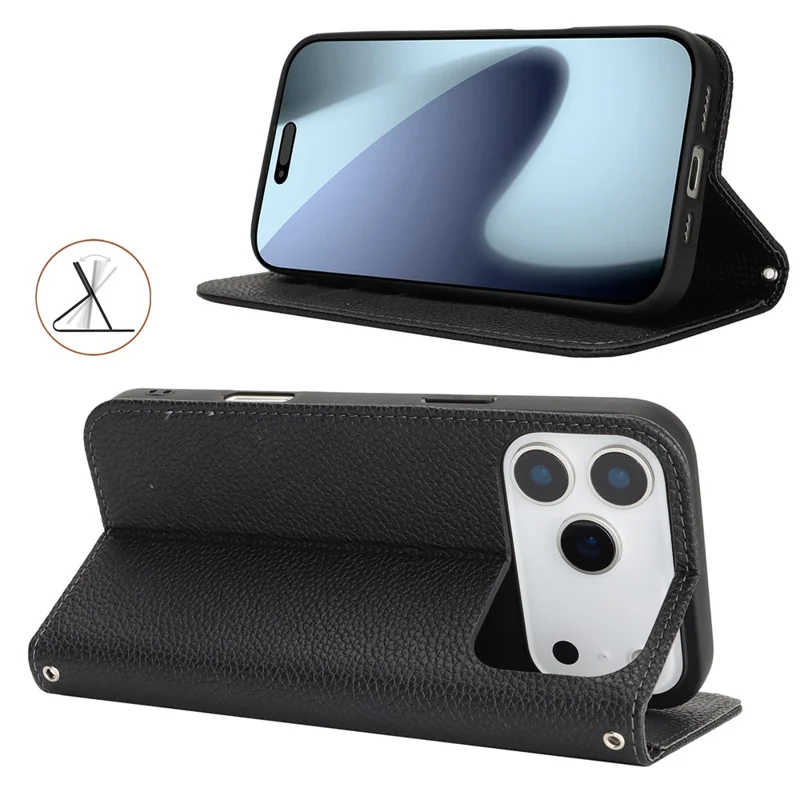 For iPhone 18 Pro / 17 Pro Case Stand Wallet Litchi Texture Leather Flip Phone Cover with Strap - Black