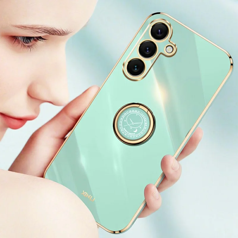 XINLI For Samsung Galaxy S25 FE Case Ring Kickstand Electroplating TPU Phone Cover - Cyan