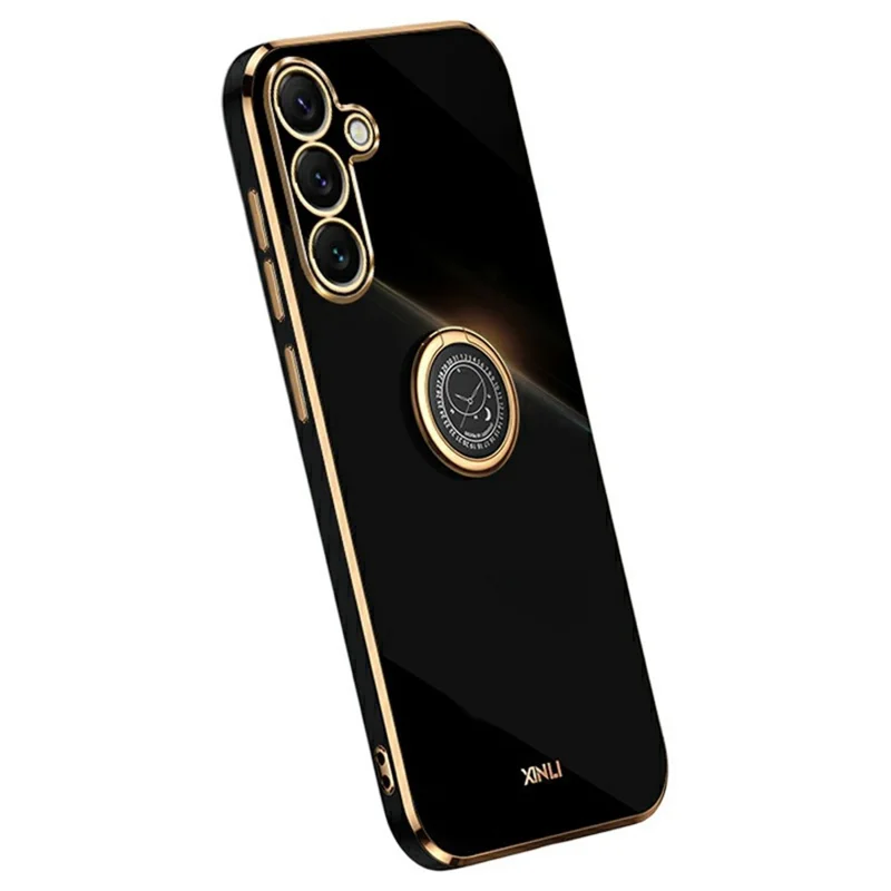 XINLI For Samsung Galaxy S25 FE Case Ring Kickstand Electroplating TPU Phone Cover - Black