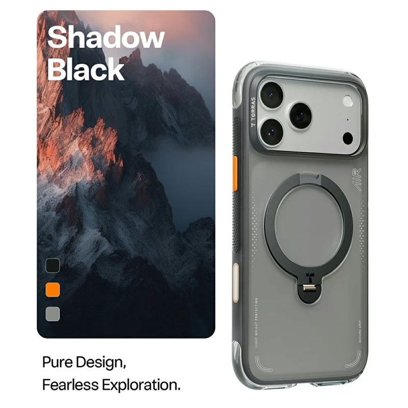 TORRAS Ostand Q3 Air-serie til iPhone 17 Pro Max hylster med standfod, kompatibel med MagSafe, stødfast dæksel af PC + TPU - Sort