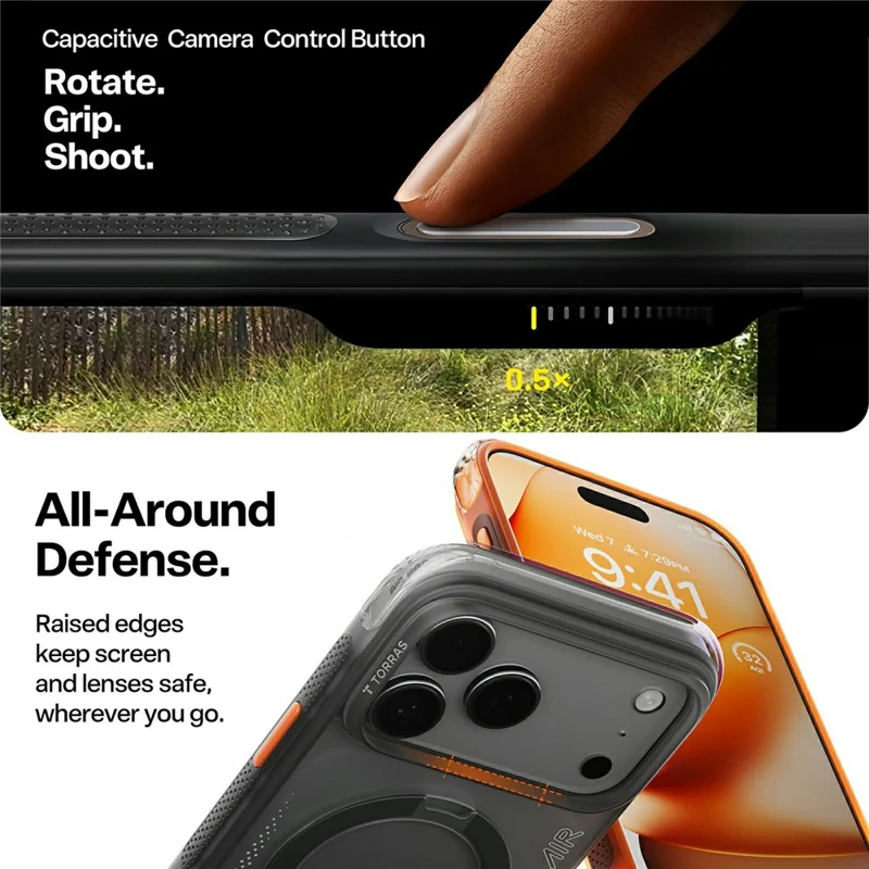 TORRAS Ostand Q3 Air-serie til iPhone 17 Pro hylster med standfod, kompatibel med MagSafe, stødfast dæksel af PC + TPU - Sort