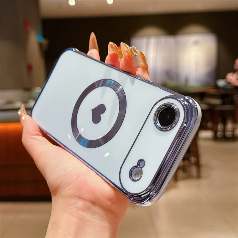 For iPhone Air Magnetic Case Electroplating Soft TPU Cover with Cute Love Heart - Blue