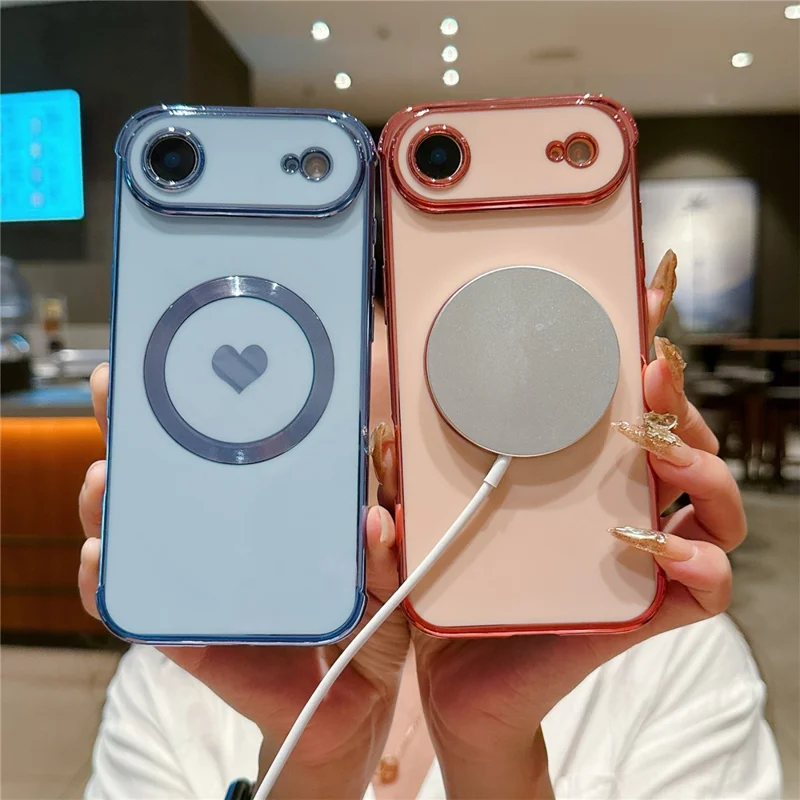 For iPhone Air Magnetic Case Electroplating Soft TPU Cover with Cute Love Heart - Blue