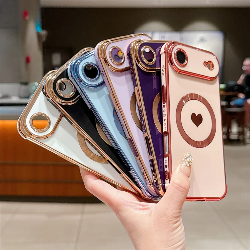 For iPhone Air Magnetic Case Electroplating Soft TPU Cover with Cute Love Heart - Blue