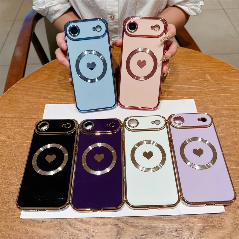 For iPhone Air Magnetic Case Electroplating Soft TPU Cover with Cute Love Heart - Blue
