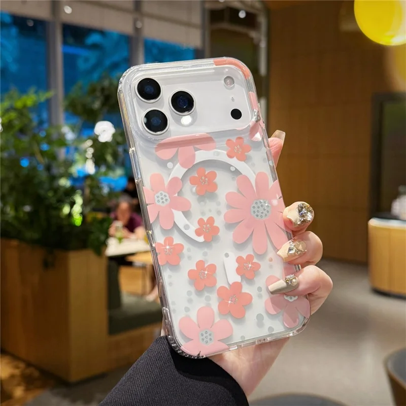 For iPhone 17 Pro Max Magnetic Case IMD Flower Pattern TPU + PC Clear Back Phone Cover - Style A