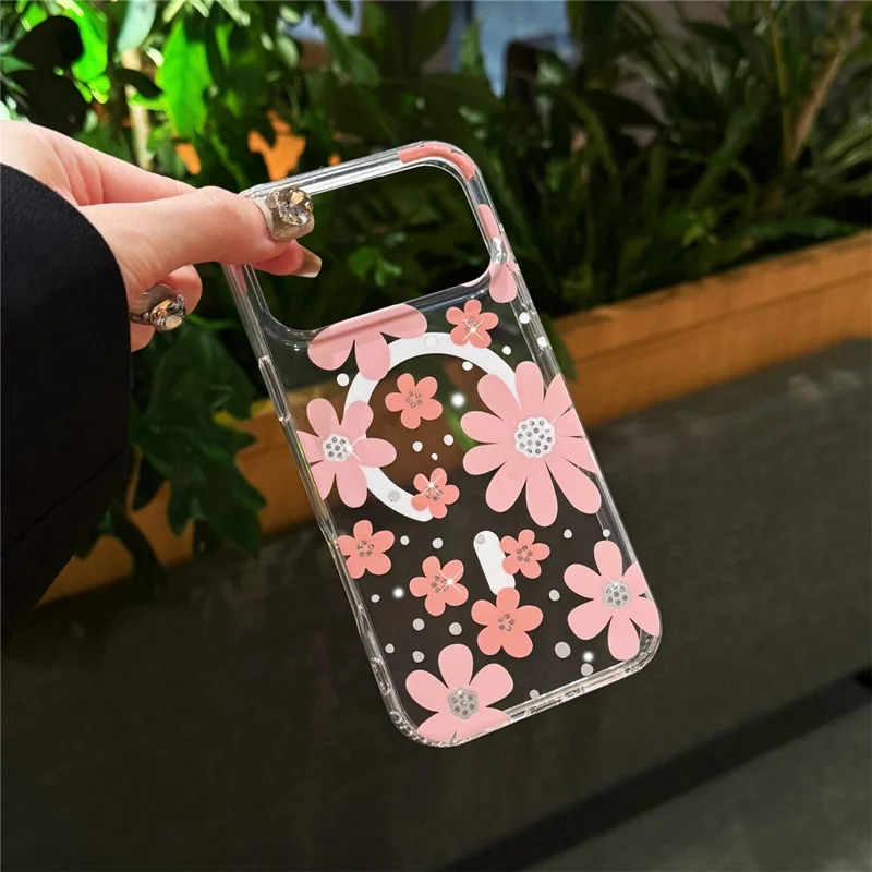 For iPhone 17 Pro Max Magnetic Case IMD Flower Pattern TPU + PC Clear Back Phone Cover - Style A