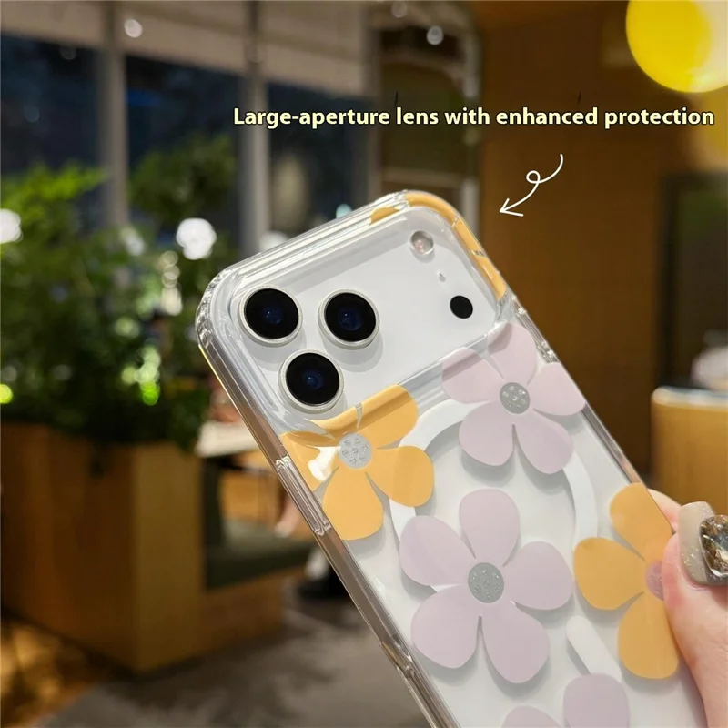 For iPhone 17 Pro Max Magnetic Case IMD Flower Pattern TPU + PC Clear Back Phone Cover - Style A