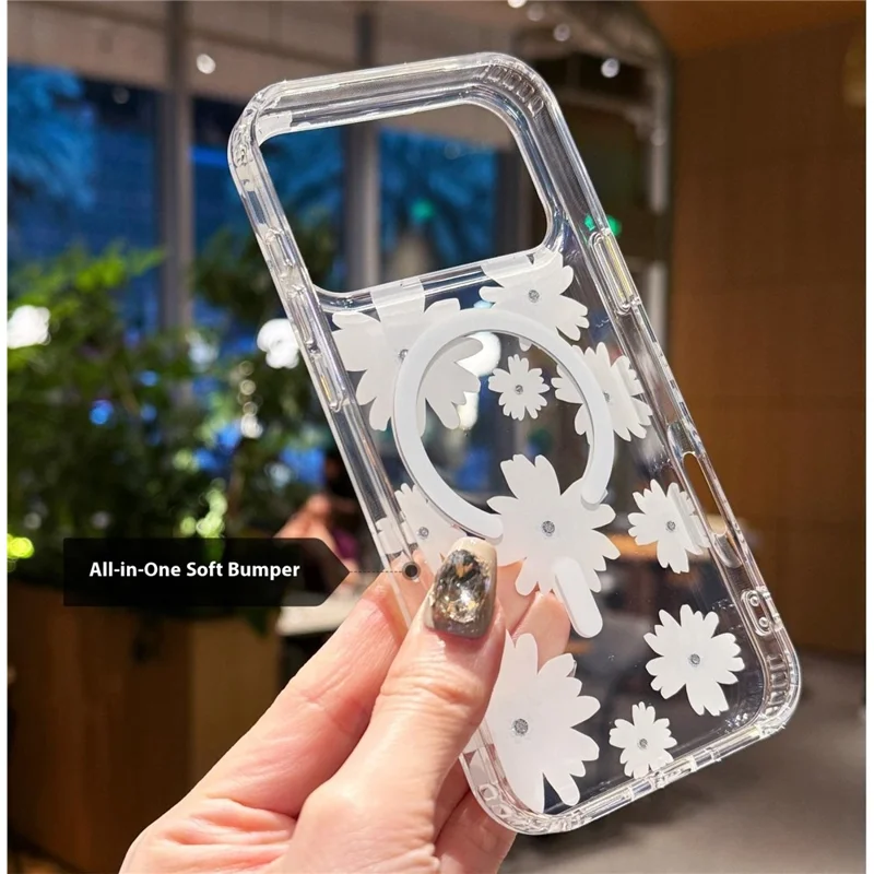 For iPhone 17 Pro Max Magnetic Case IMD Flower Pattern TPU + PC Clear Back Phone Cover - Style A