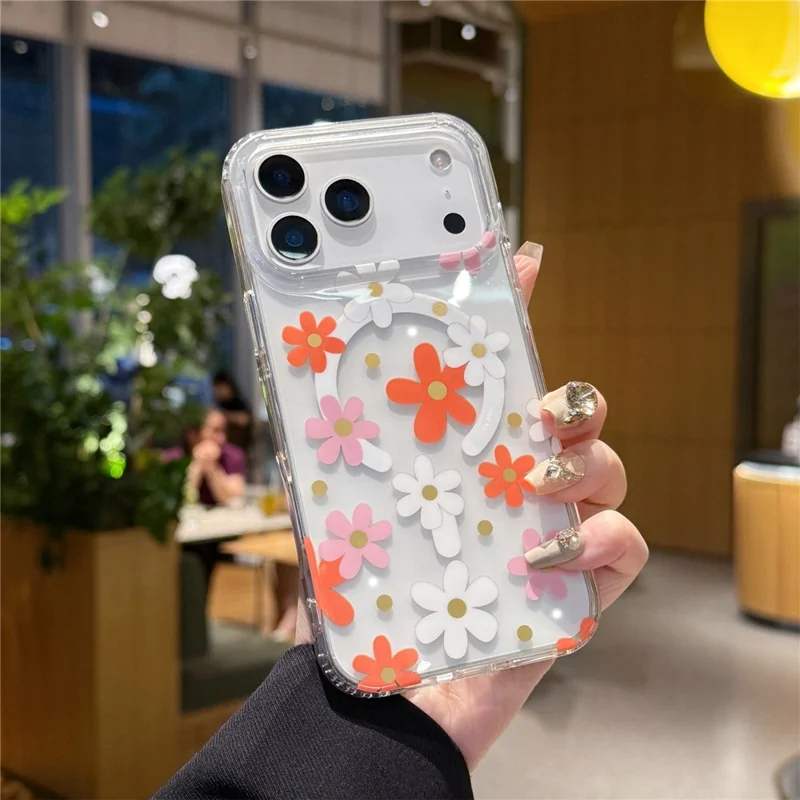 For iPhone 17 Pro Max Magnetic Case IMD Flower Pattern TPU + PC Clear Back Phone Cover - Style D