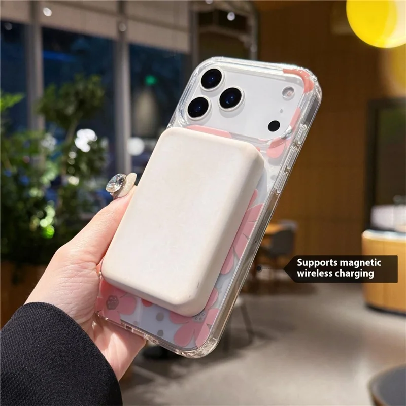 For iPhone 17 Pro Max Magnetic Case IMD Flower Pattern TPU + PC Clear Back Phone Cover - Style D
