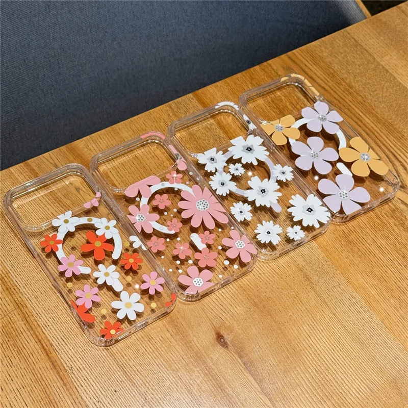 For iPhone 17 Pro Max Magnetic Case IMD Flower Pattern TPU + PC Clear Back Phone Cover - Style D
