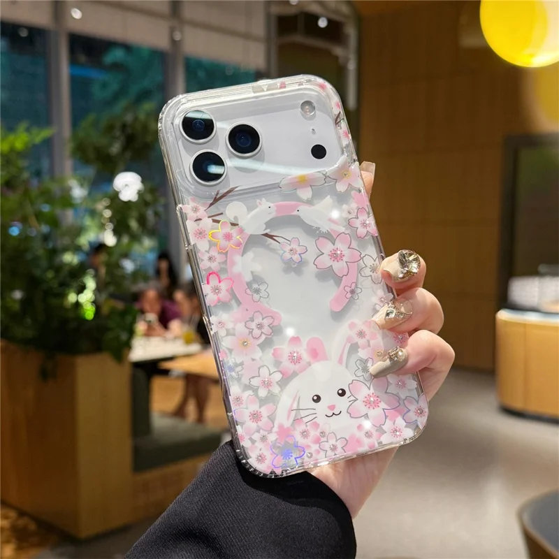 For iPhone 17 Pro Case Compatible with MagSafe Embedded Rhinestones IMD Pattern TPU PC Phone Back Cover - Cherry Blossom Rabbit
