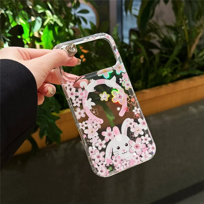For iPhone 17 Pro Case Compatible with MagSafe Embedded Rhinestones IMD Pattern TPU PC Phone Back Cover - Cherry Blossom Rabbit