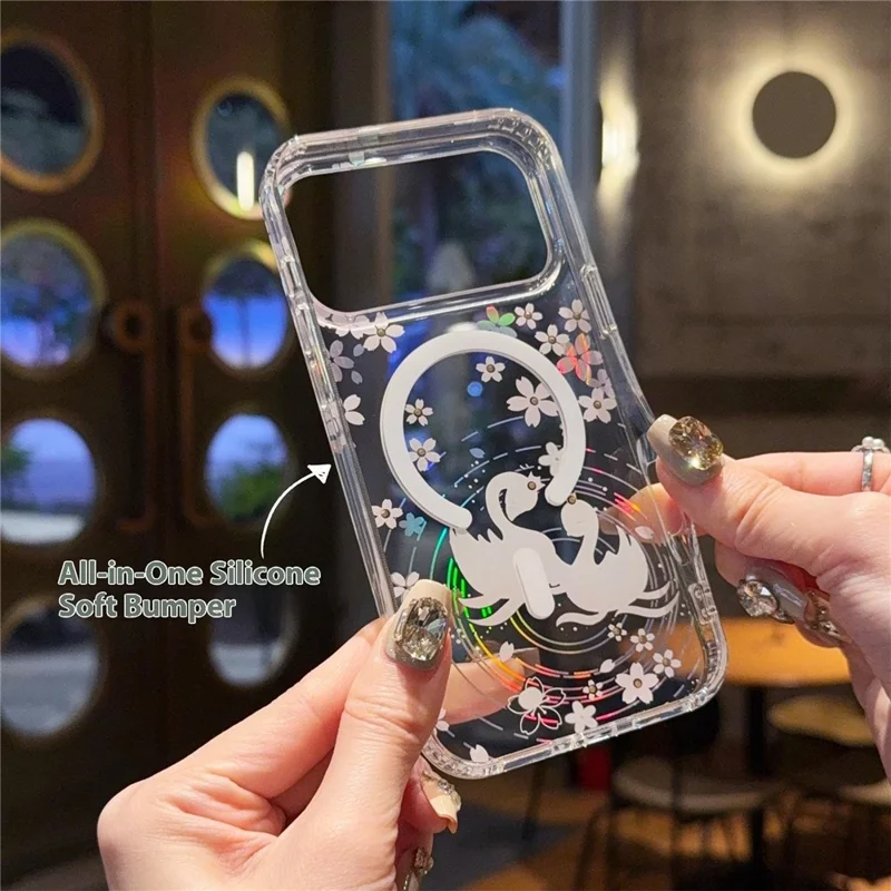 For iPhone 17 Pro Case Compatible with MagSafe Embedded Rhinestones IMD Pattern TPU PC Phone Back Cover - Cherry Blossom Rabbit