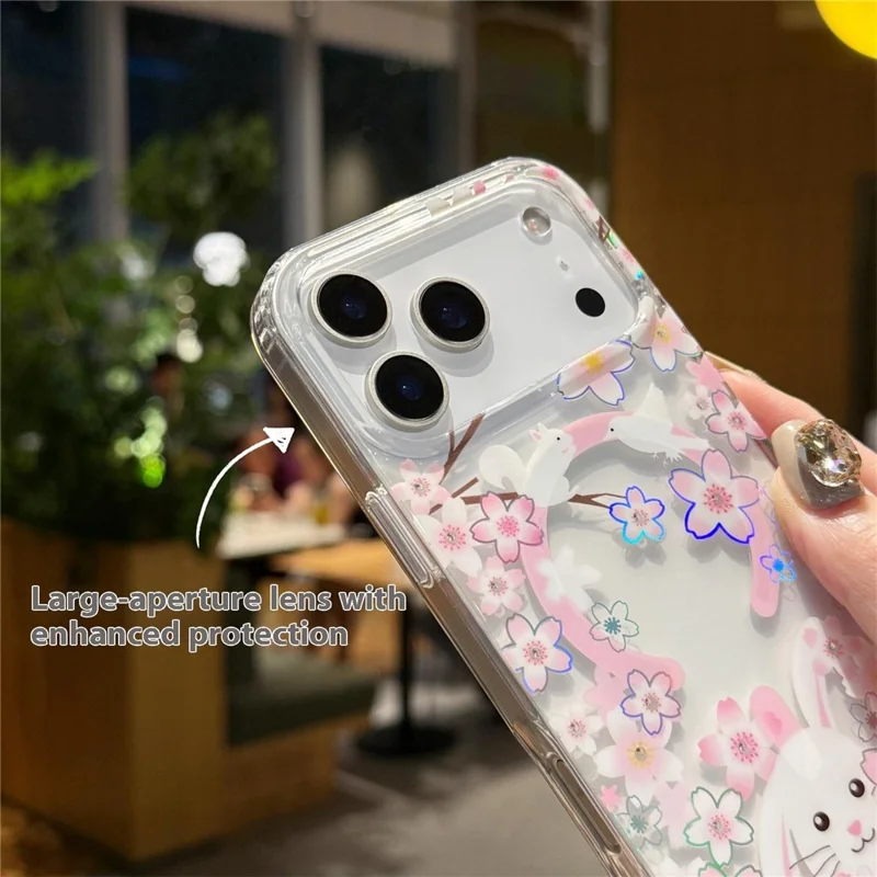 For iPhone 17 Pro Case Compatible with MagSafe Embedded Rhinestones IMD Pattern TPU PC Phone Back Cover - Cherry Blossom Rabbit