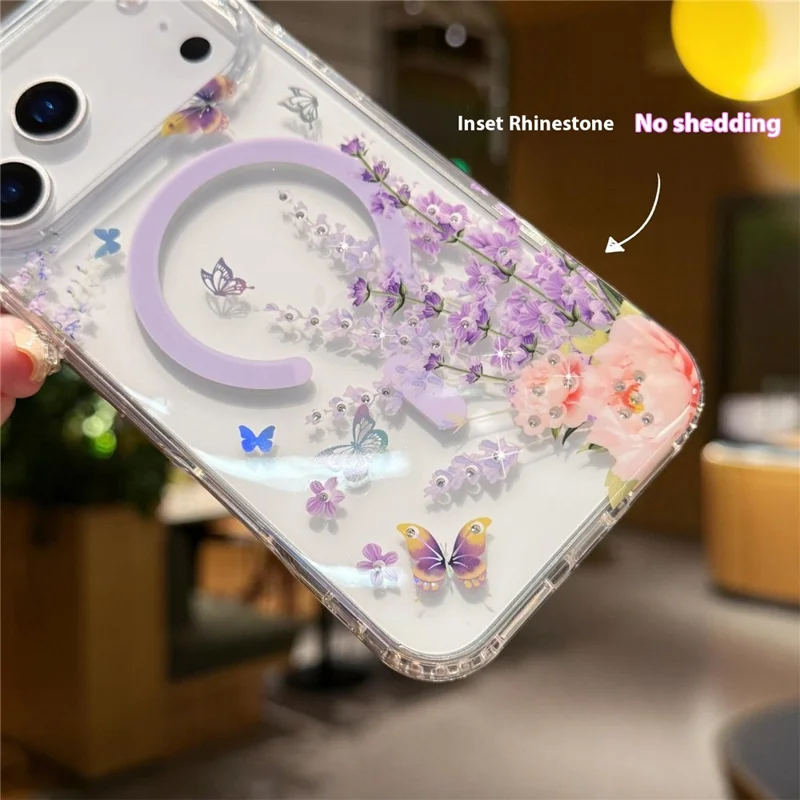 For iPhone 17 Pro Case Compatible with MagSafe Embedded Rhinestones IMD Pattern TPU PC Phone Back Cover - Cherry Blossom Rabbit