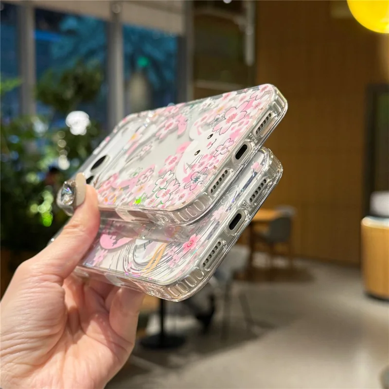 For iPhone 17 Pro Case Compatible with MagSafe Embedded Rhinestones IMD Pattern TPU PC Phone Back Cover - Cherry Blossom Rabbit