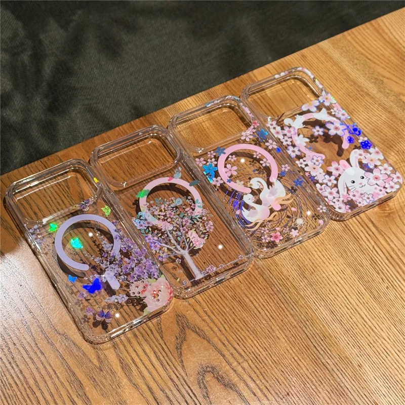 For iPhone 17 Pro Max Case Compatible with MagSafe Embedded Rhinestones IMD Pattern TPU PC Phone Back Cover - Cherry Blossom Rabbit