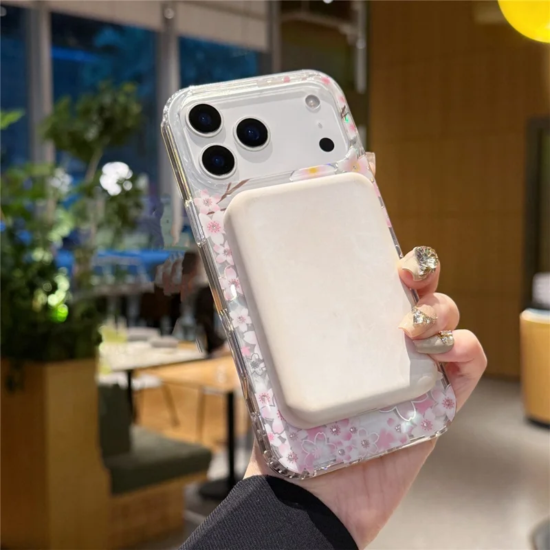 For iPhone 17 Pro Max Case Compatible with MagSafe Embedded Rhinestones IMD Pattern TPU PC Phone Back Cover - Cherry Blossom Rabbit
